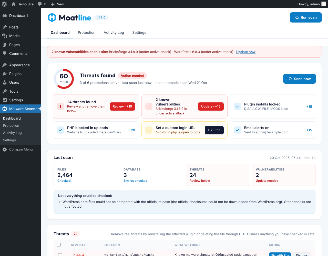Dashboard: security score, what was found and what to fix next.