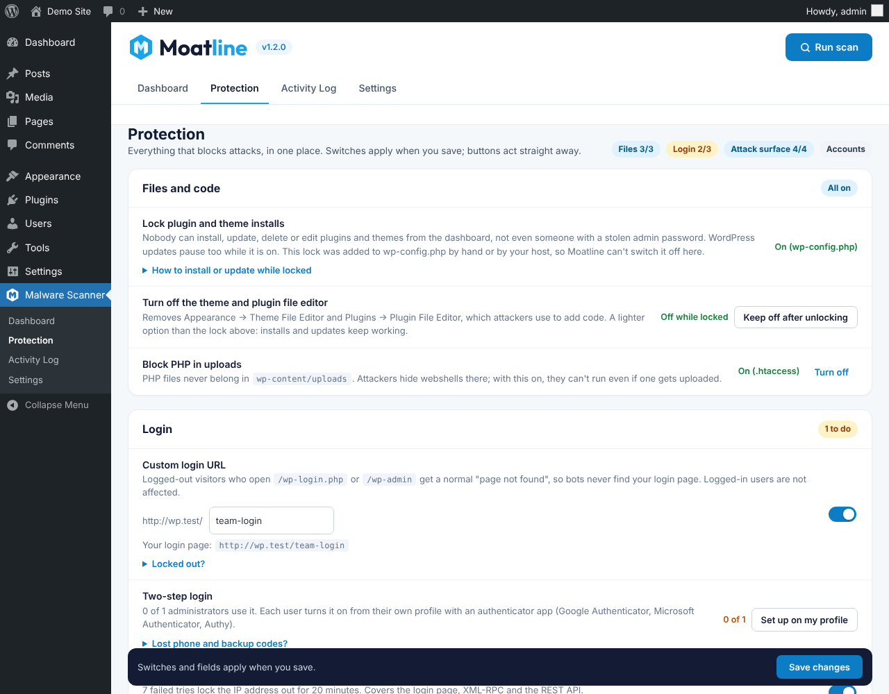 Protection: lock plugin and theme changes, block PHP in uploads, custom login URL, login limits, XML-RPC and REST settings, sessions and application passwords.