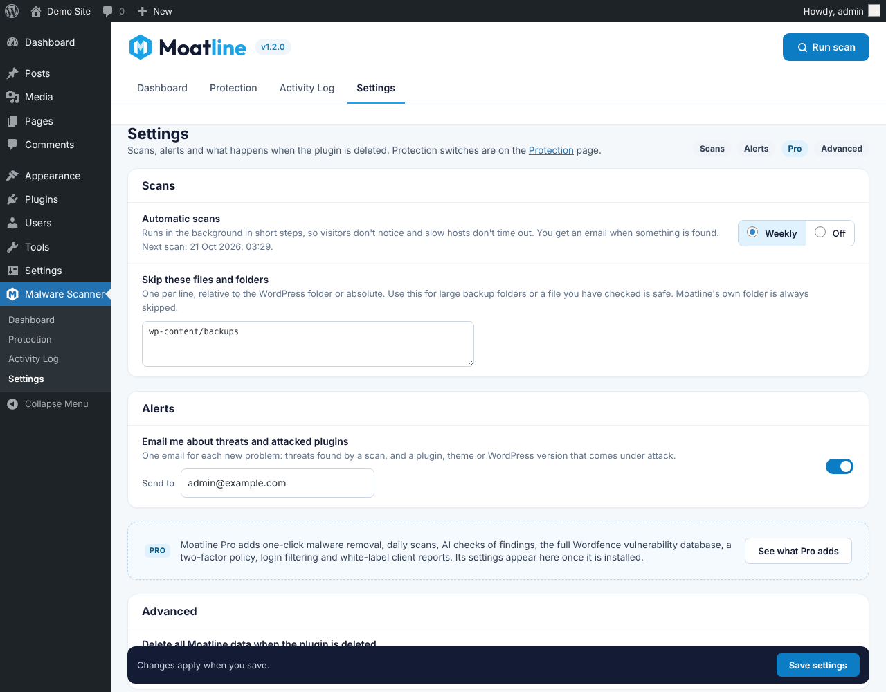 Settings: automatic scans, email alerts and paths to skip.