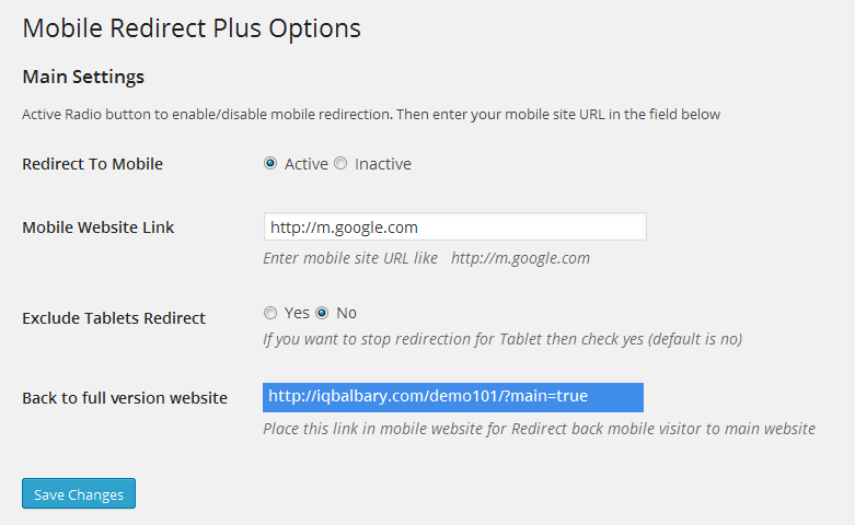Mobile Redirect Plus Lite Options