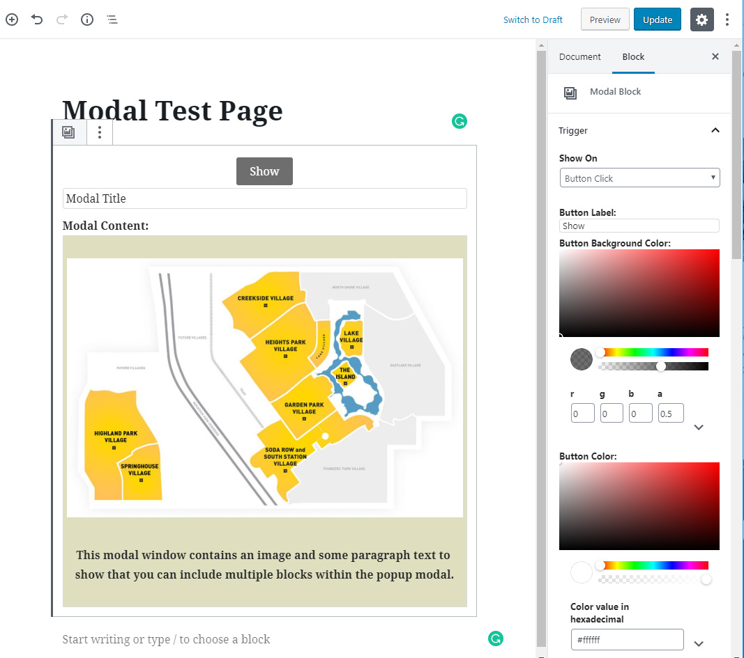 Modal Guten Block in editor.