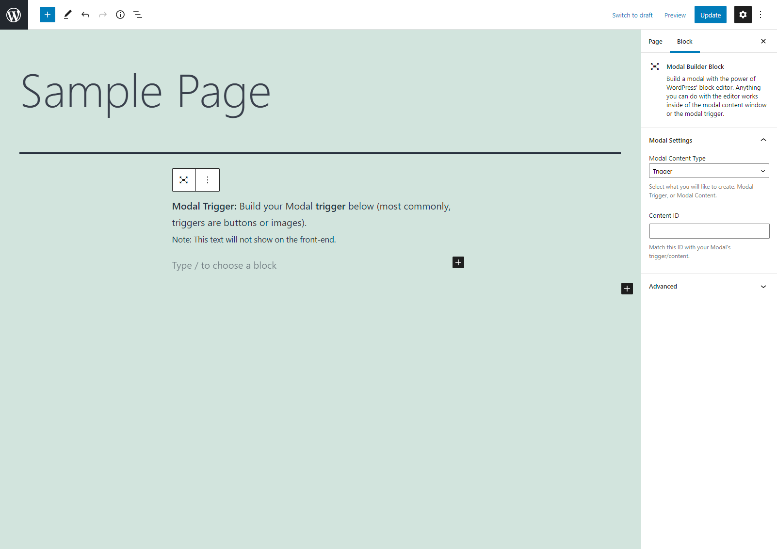 Modal Builder block in action. Adding a trigger.