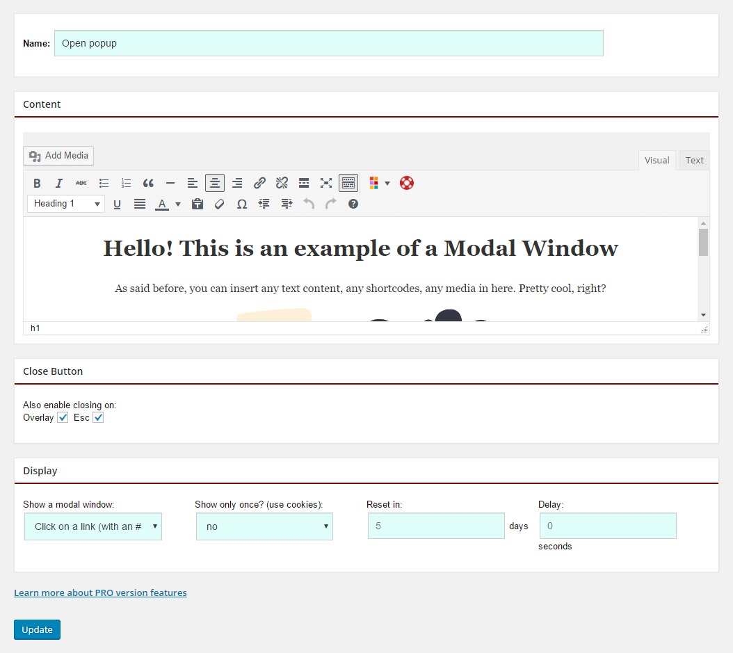 Modal window setup example