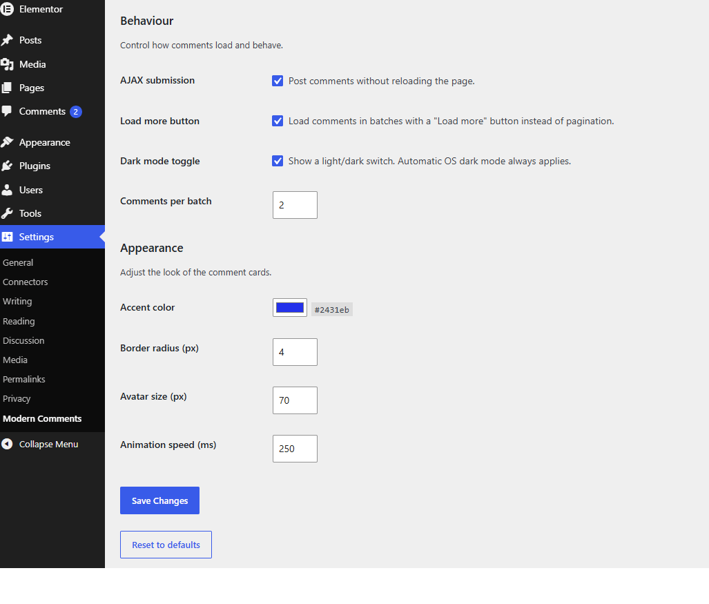 Modern comment cards with threaded replies on a block theme.