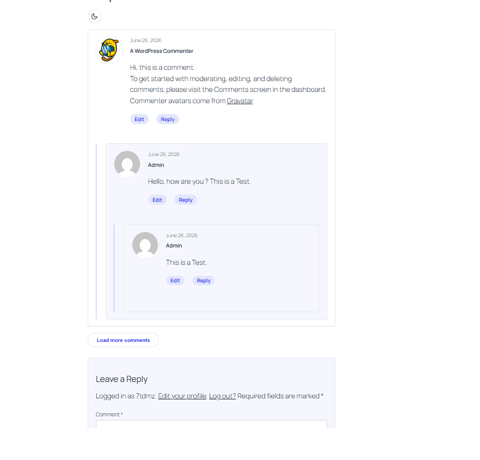 The settings page (accent color, avatar size, toggles).