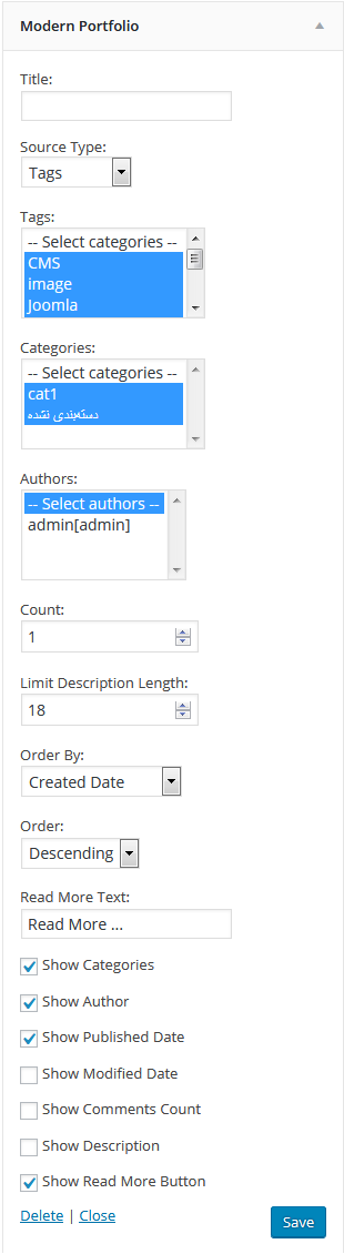 Settings of the widget in admin panel.