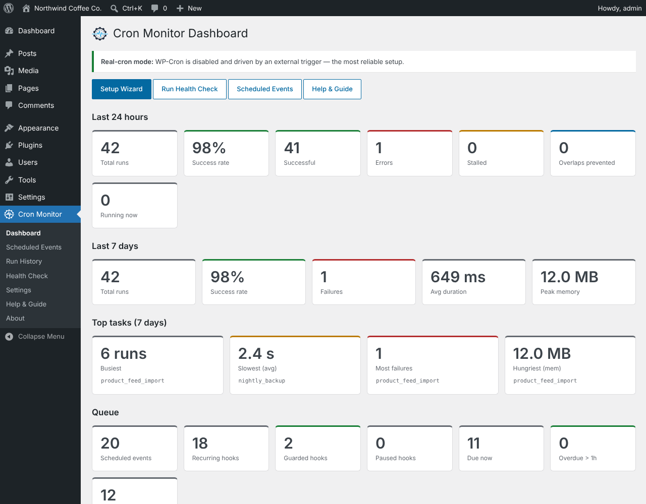 Dashboard: success rate, runs, errors, stalls and the bottleneck profiler in one place.