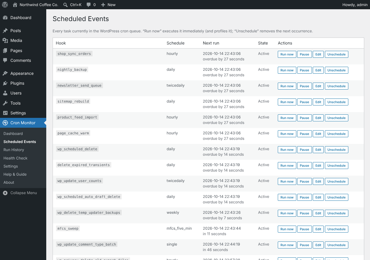 Scheduled Events: every WP-Cron event with its schedule, next run, status and quick actions.