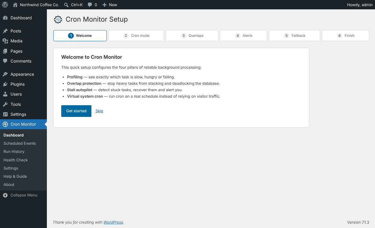 Setup Wizard: choose your cron mode and get the exact trigger URL and crontab line.