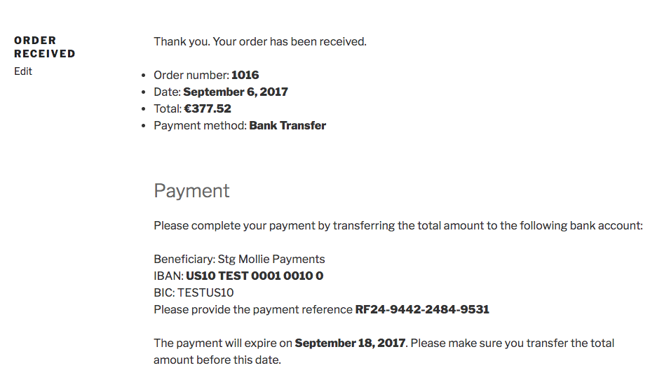 The order received page for the gateway bank transfer will display payment instructions.