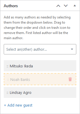 Default WordPress author picker is replaced with an easy-to-use dropdown select. Pick as many authors as people worked in the post and order how they must be displayed just by drag and drop