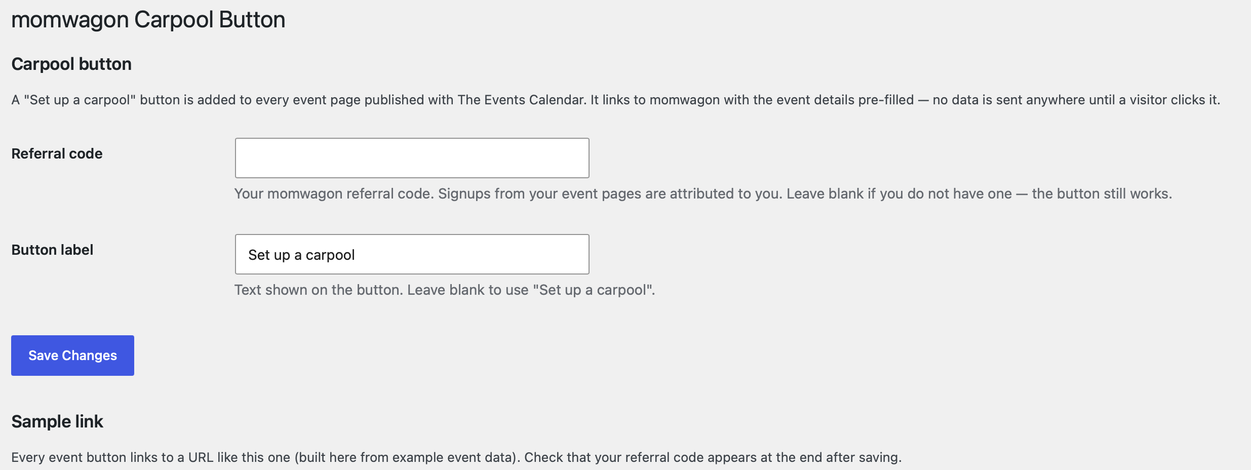 The settings page under Settings > momwagon Carpool, with the referral code and button label fields.