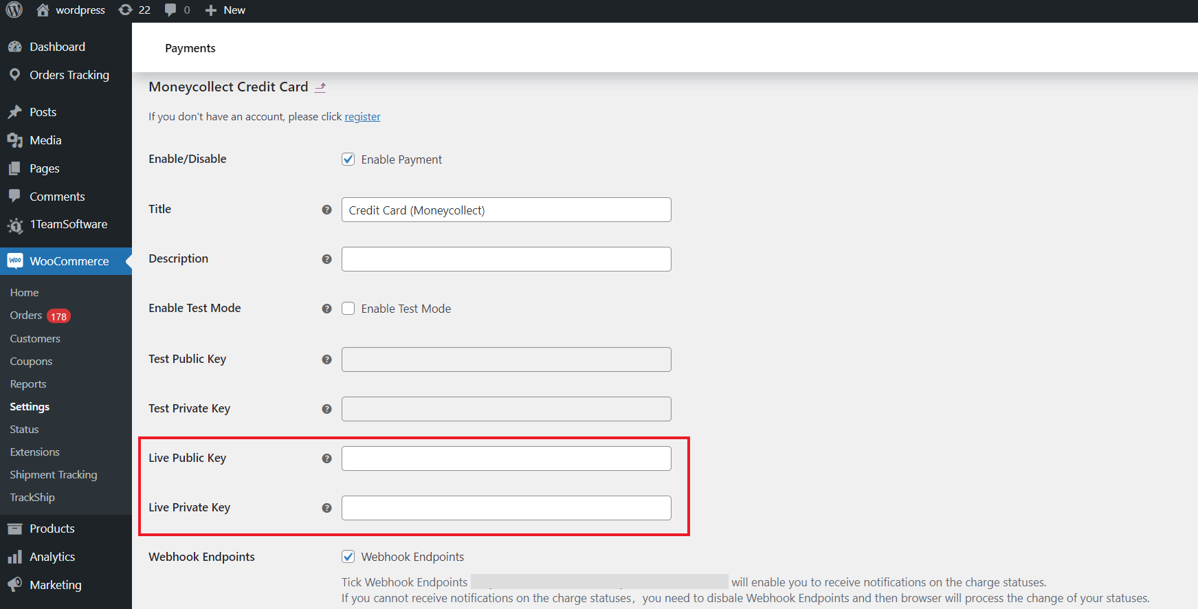 The Moneycollect payment gateway settings screen used to configure the main Moneycollect gateway.