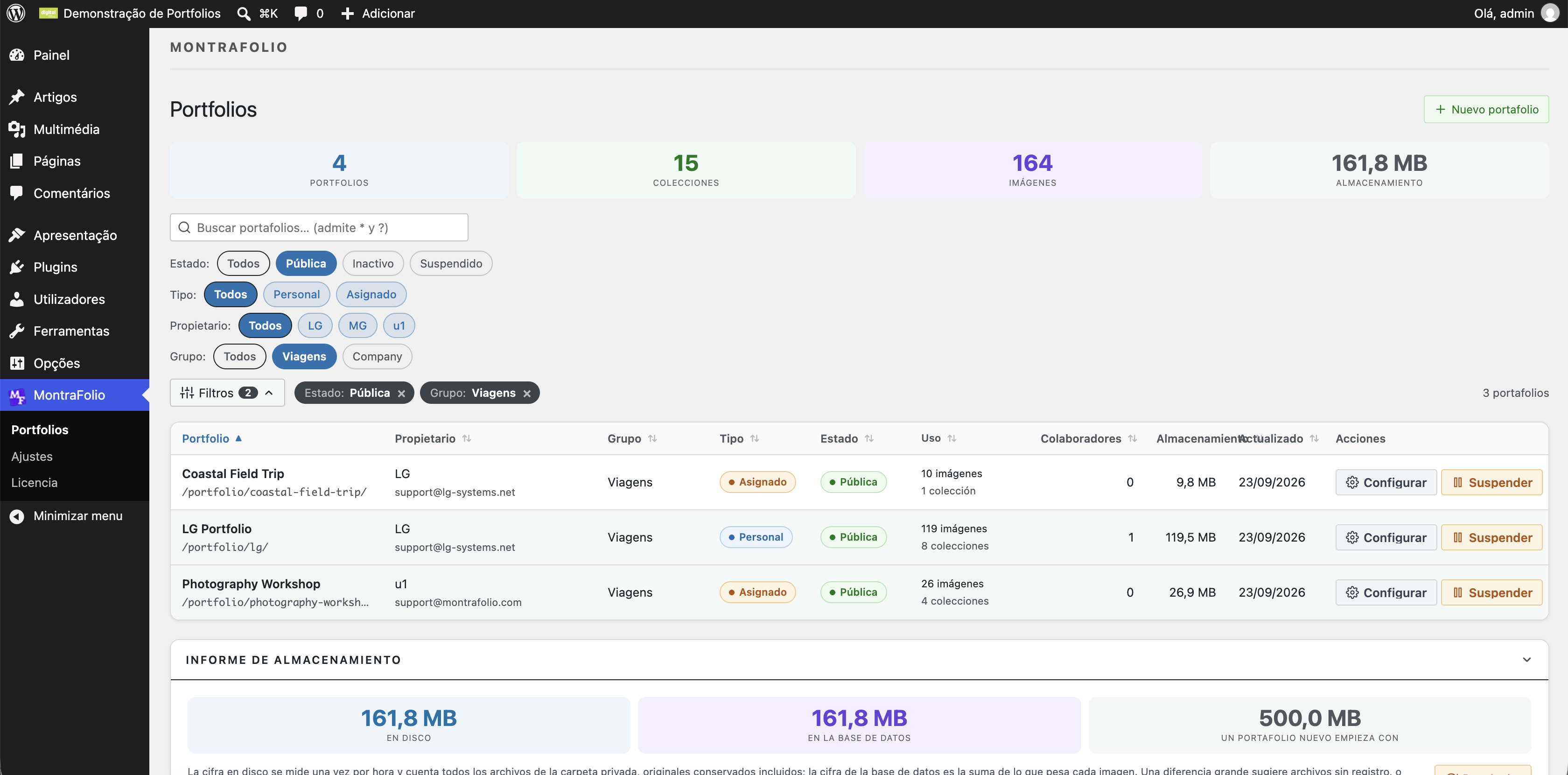 The portfolios list in wp-admin, with its filters and the storage report.