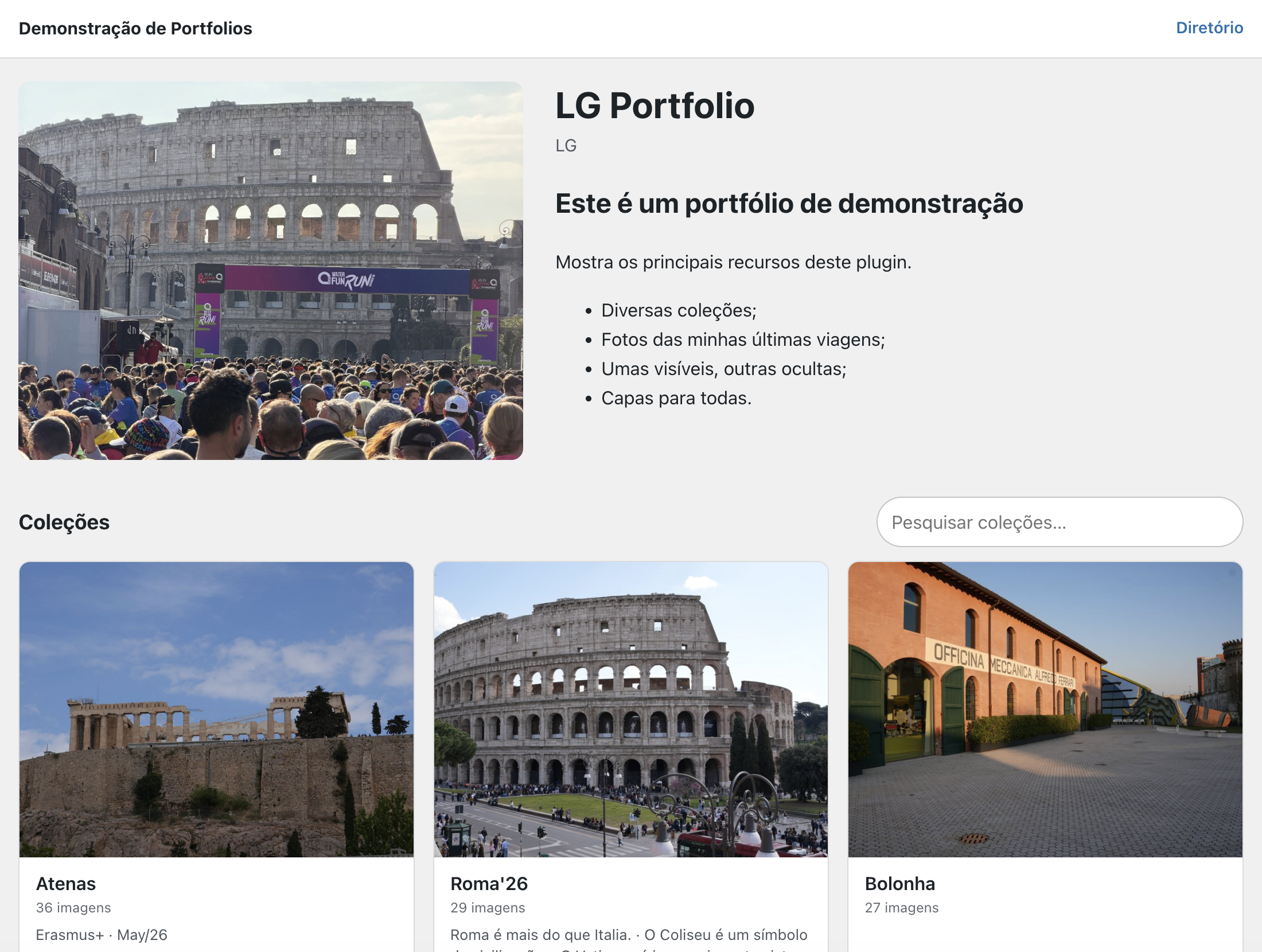The page of a portfolio: the cover, the owner, the description, and the collections as cards.