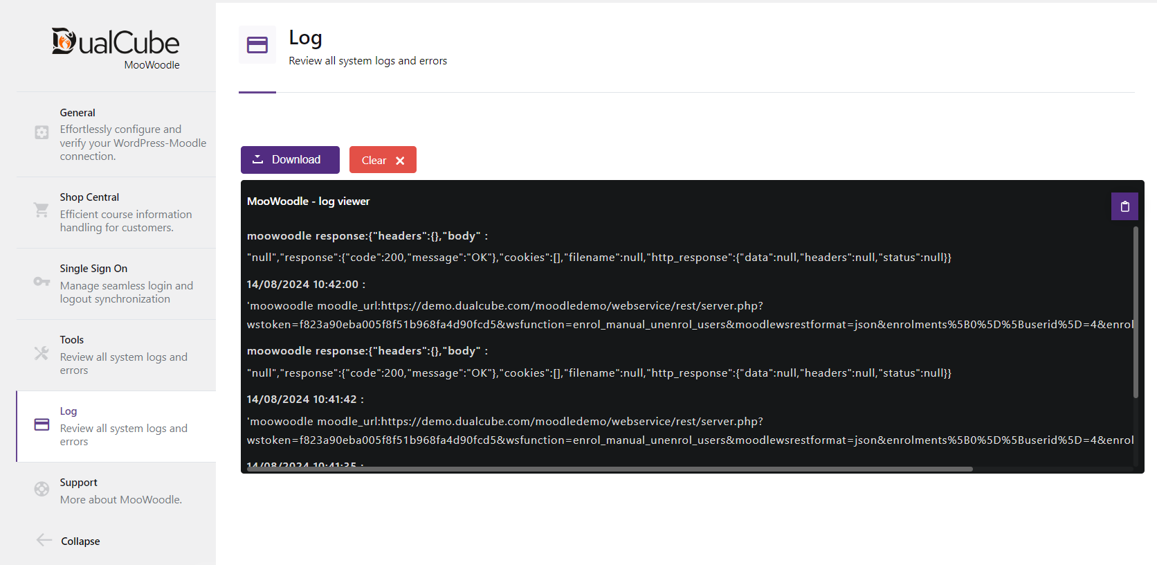 View the log file to detect any errors related to MooWoodle configuration.