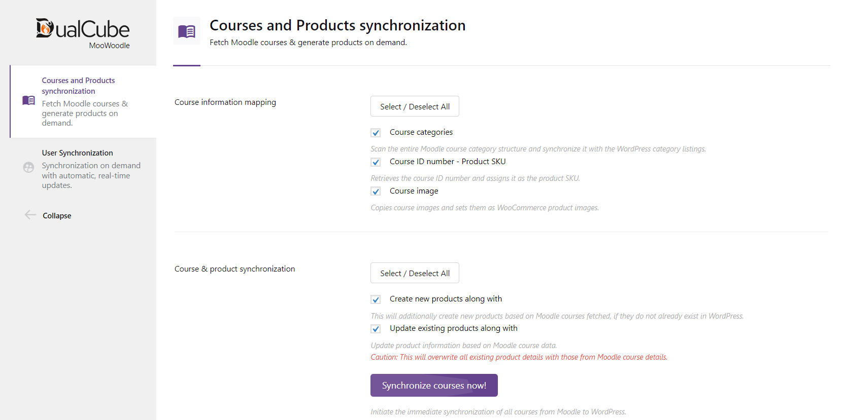 Click "Sync Now" to import all courses, categories, images, and other content from your Moodle site.