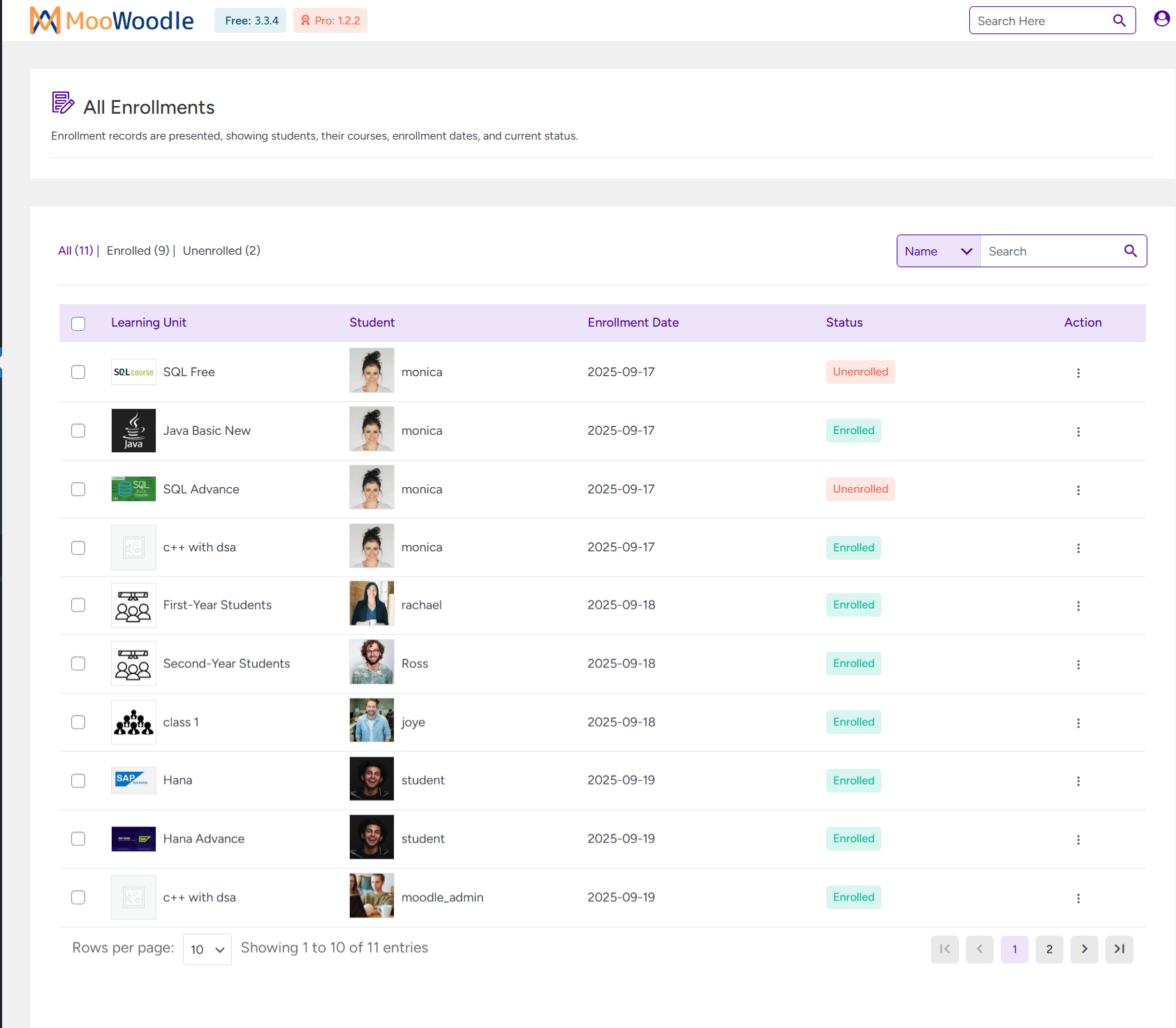 See the list of all enrolled users and their corresponding courses.