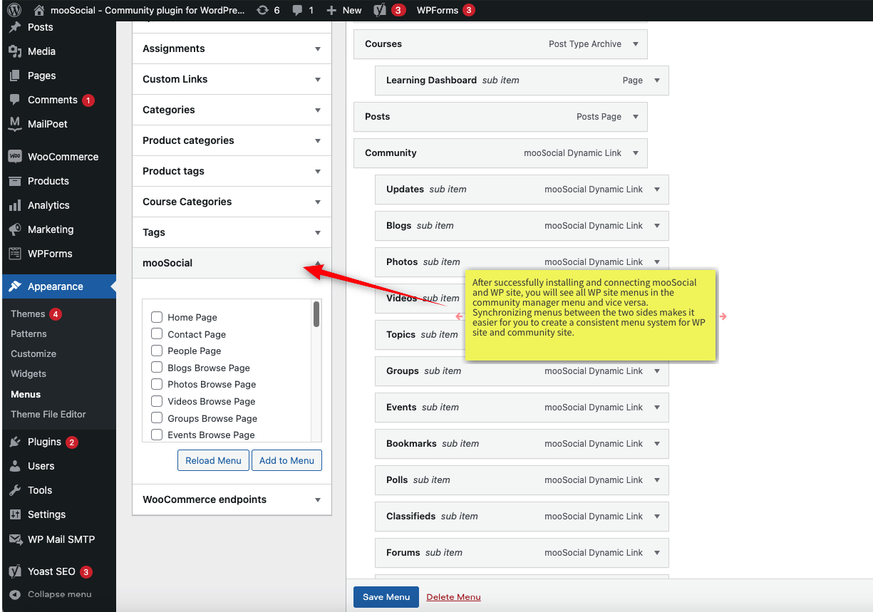 After successfully installing and connecting mooSocial and WP site, you will see all WP site menus in the community manager menu and vice versa. Synchronizing menus between the two sides makes it easier for you to create a consistent menu system for WP site and community site.