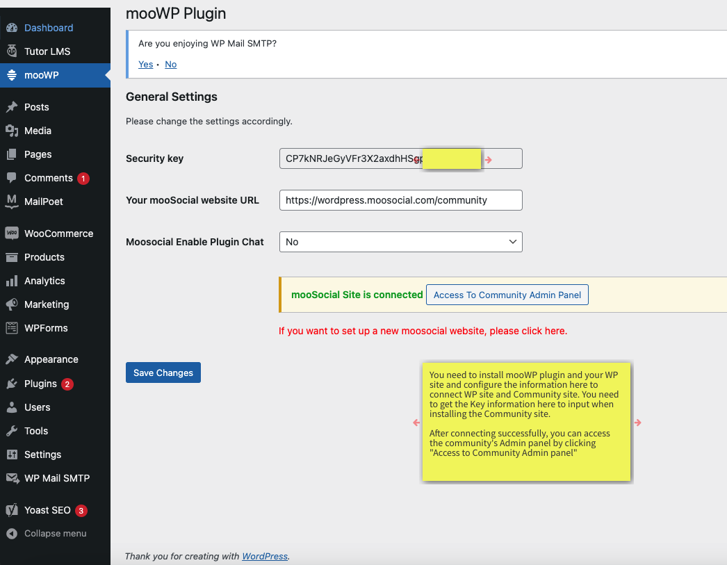 You need to install mooWP plugin and your WP site and configure the information here to connect WP site and Community site. You need to get the Key information here to input when installing the Community site.