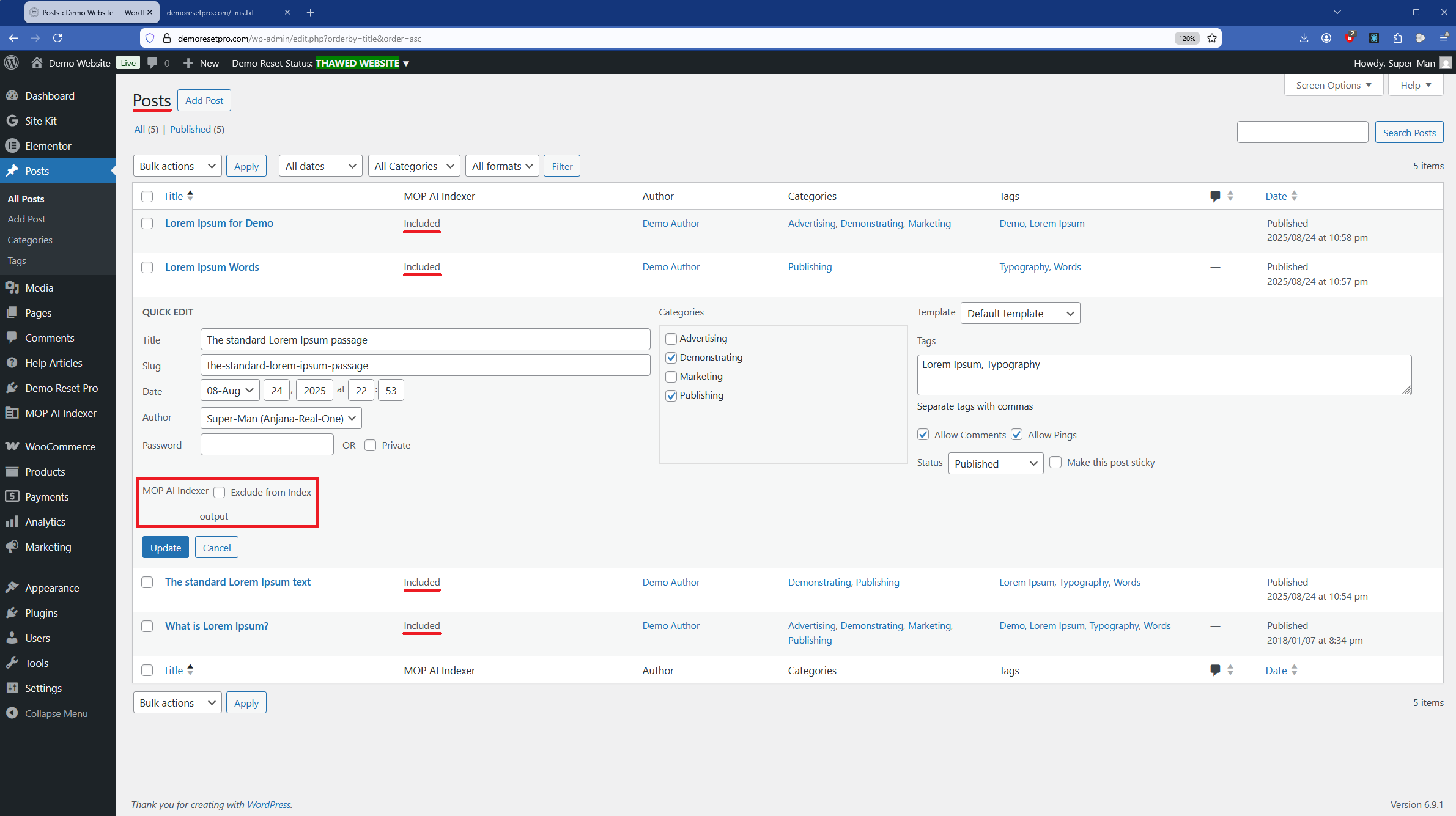 Quick Edit option to exclude posts