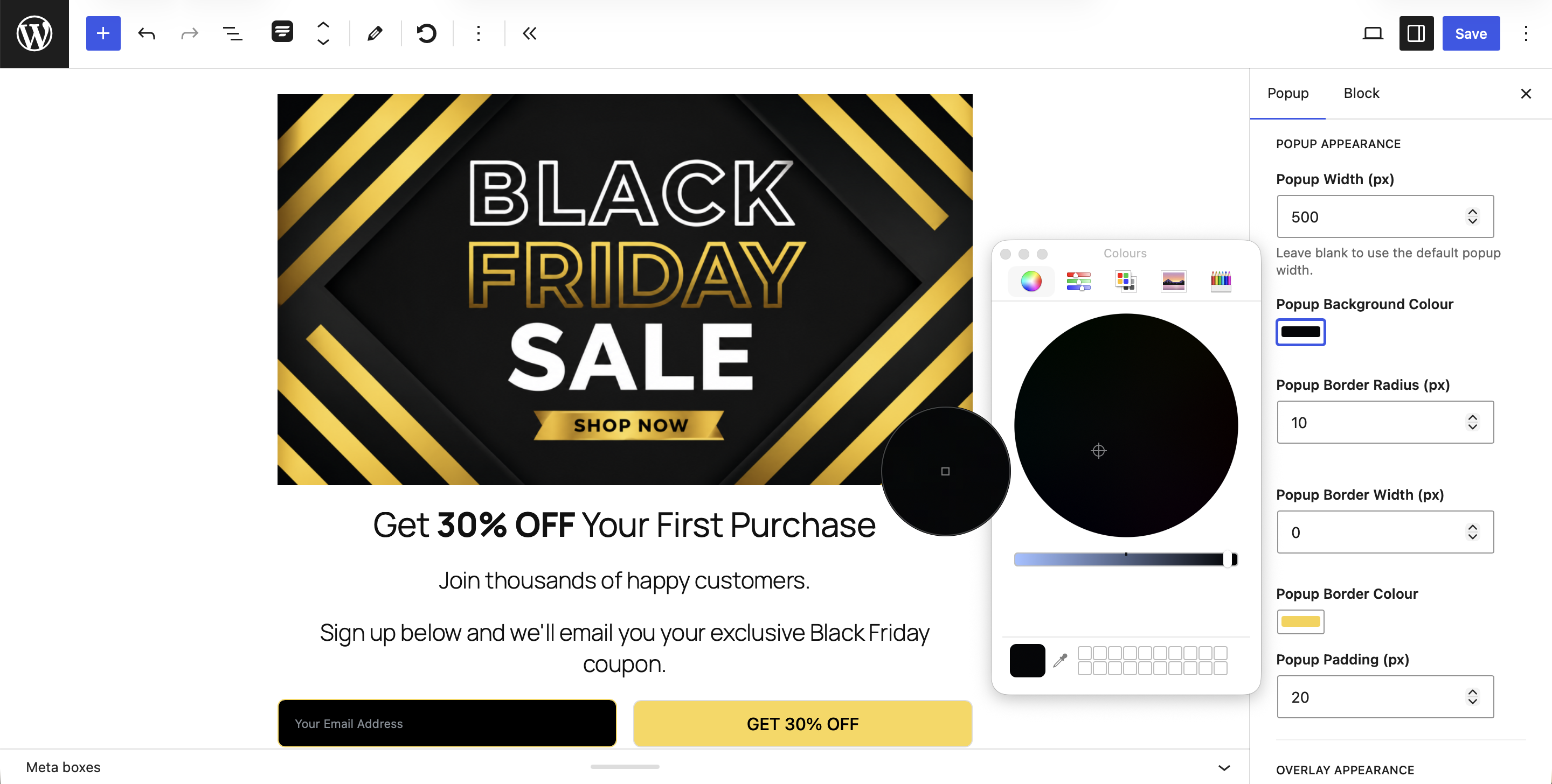 Customise your popup's colours, borders, overlay, close button and overall appearance.