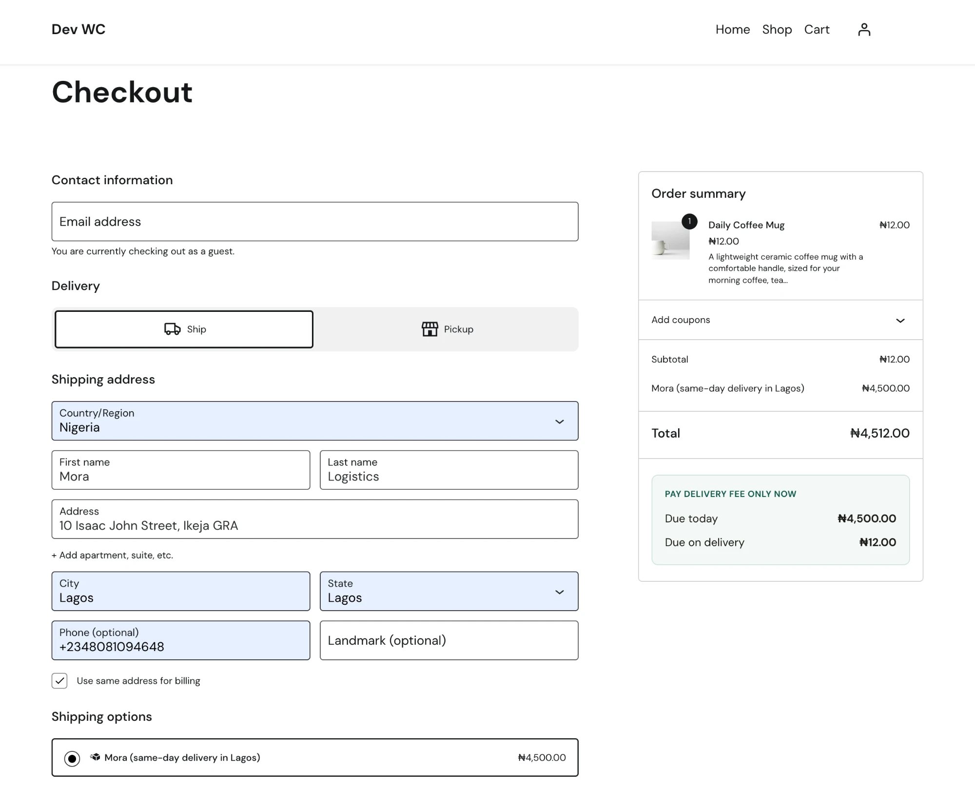 The delivery fee shown live at checkout, before the customer pays.