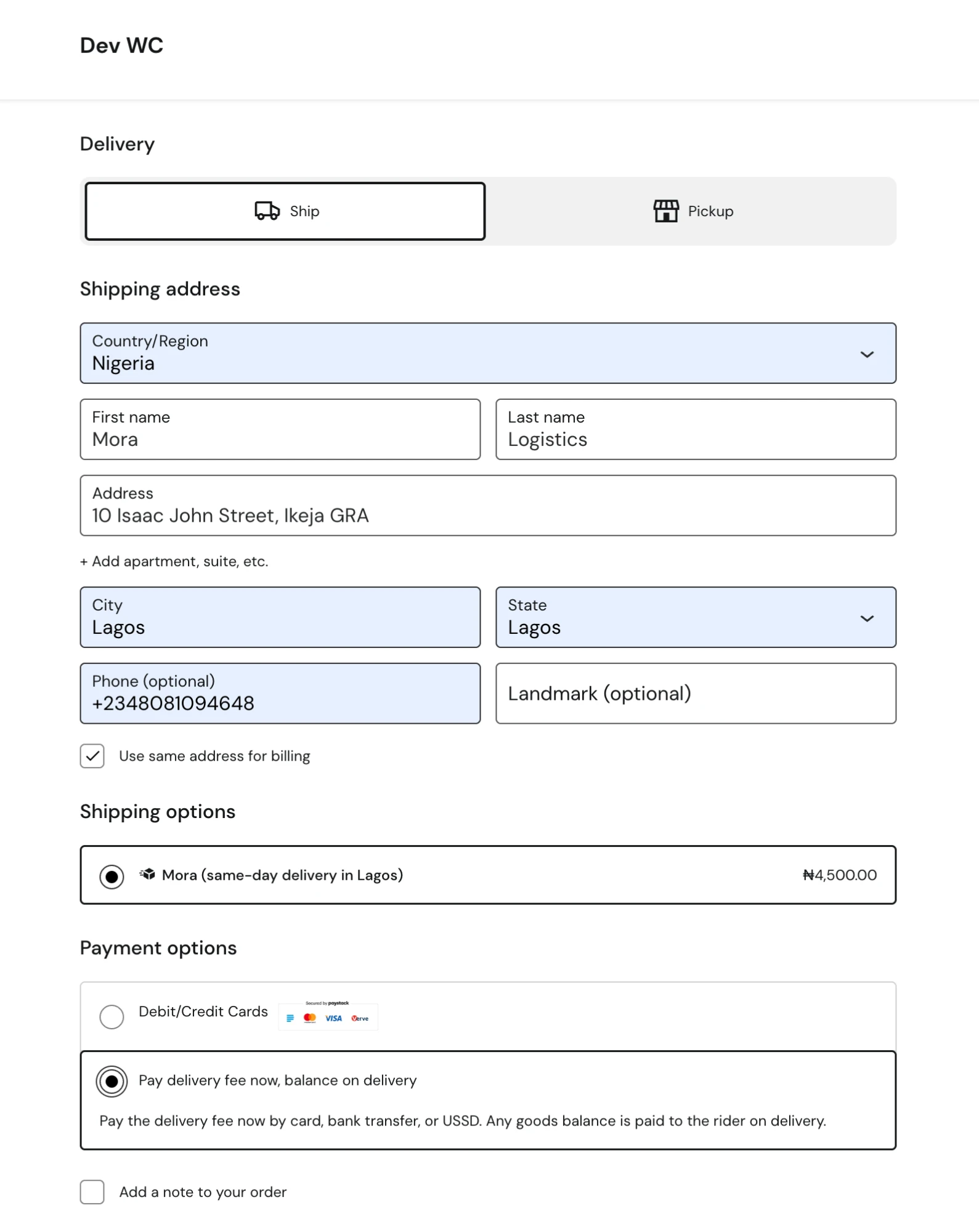 The delivery-fee-now payment gateway at checkout.