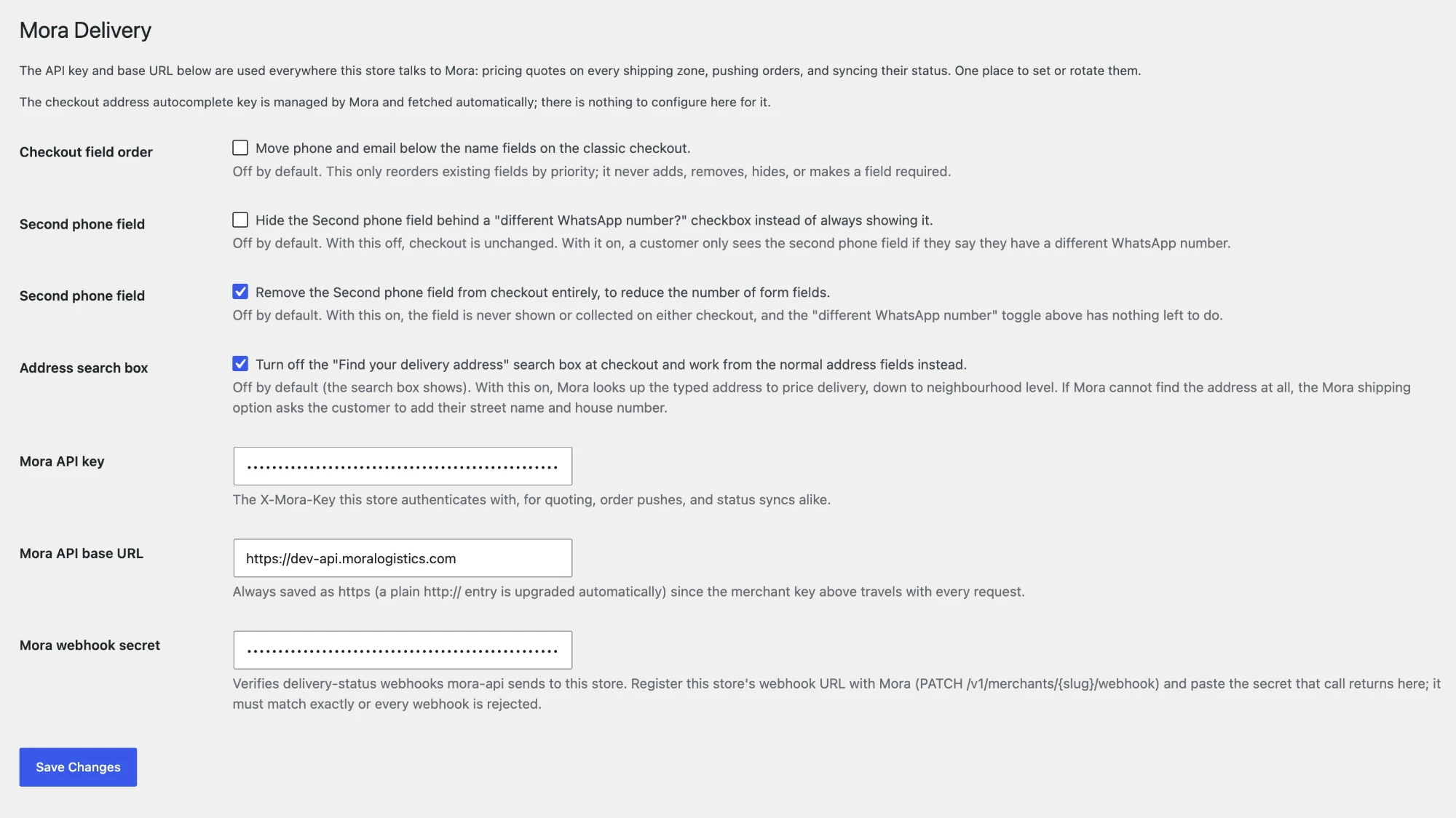 The Mora Delivery settings screen in wp-admin.