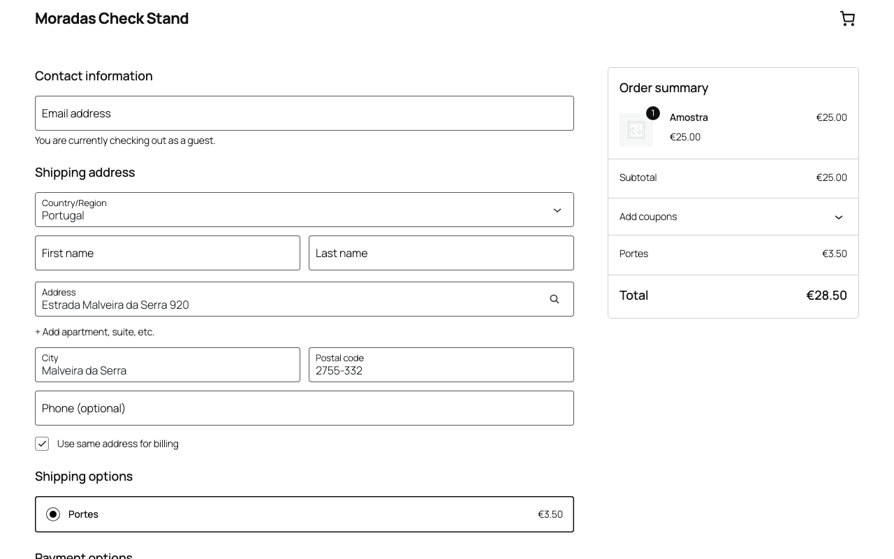After picking a suggestion: address, locality and postal code filled in, every field still editable.