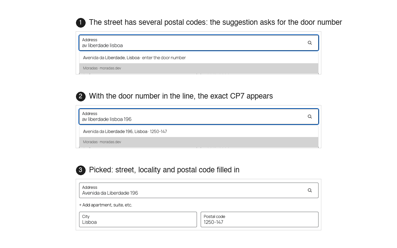 A street with several postal codes: the suggestion asks for the door number; with the number added, the exact CP7 appears.