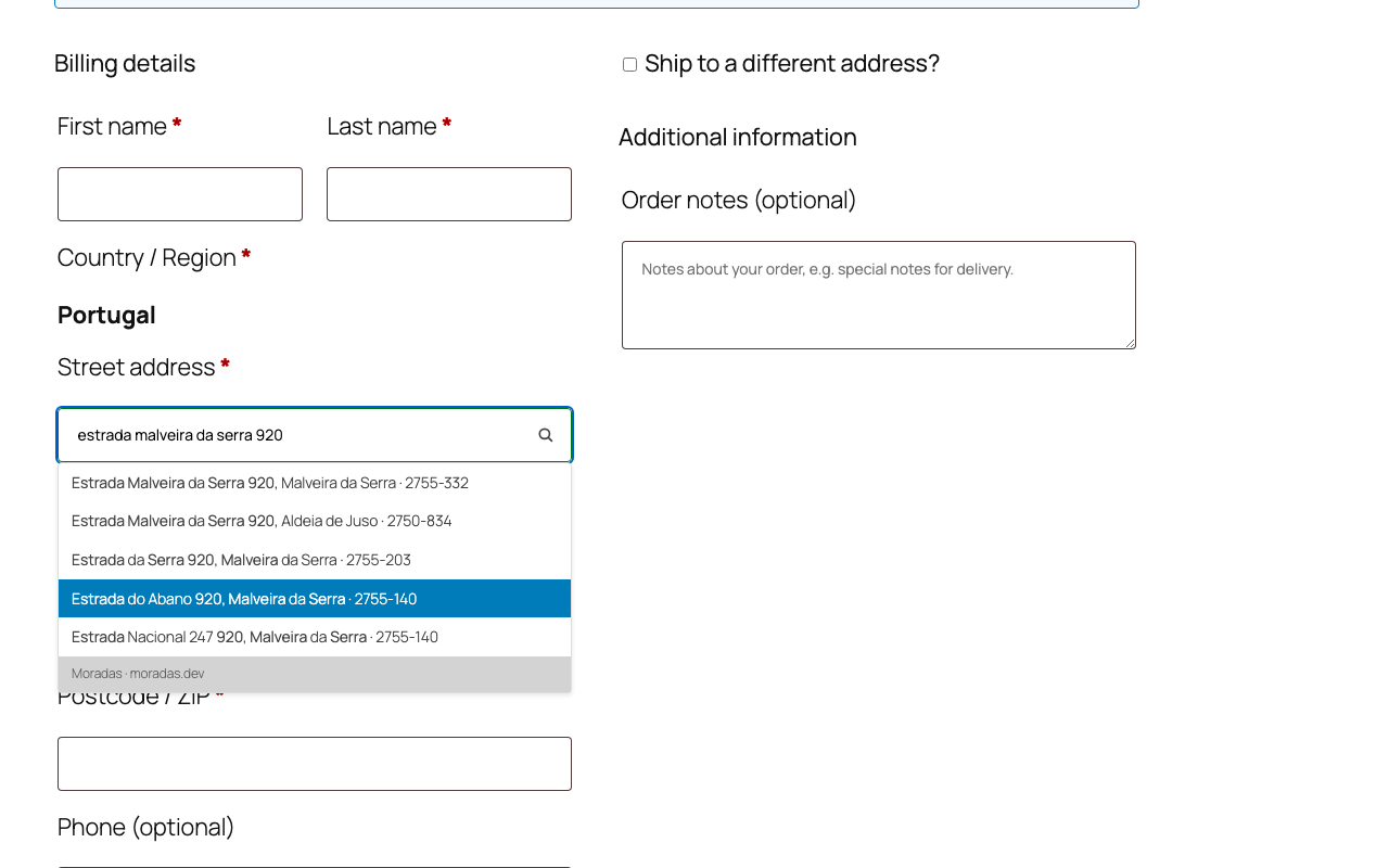 The same suggestions in the classic shortcode checkout.