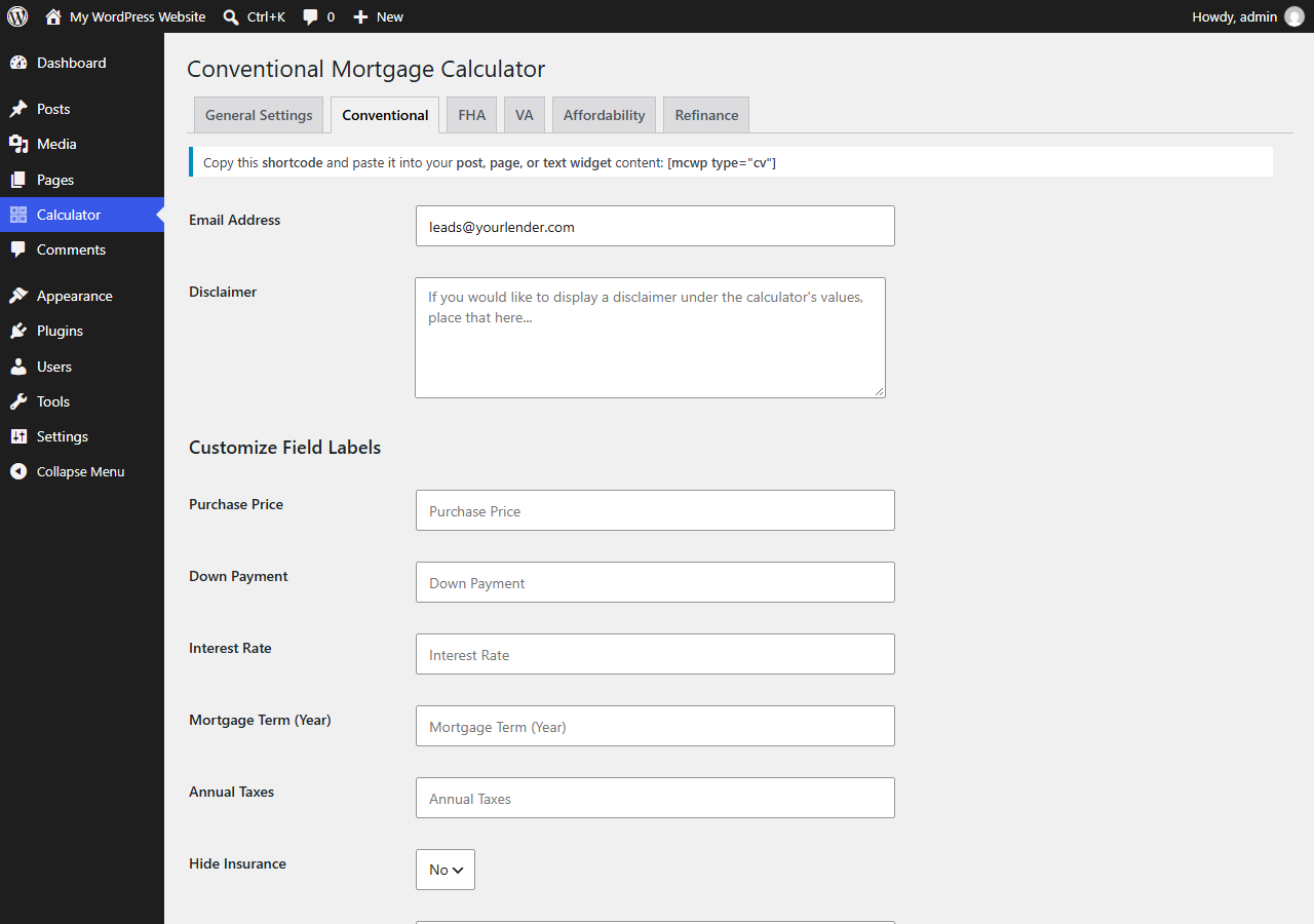 Settings: your lead email address, field labels, starting values and disclaimer.