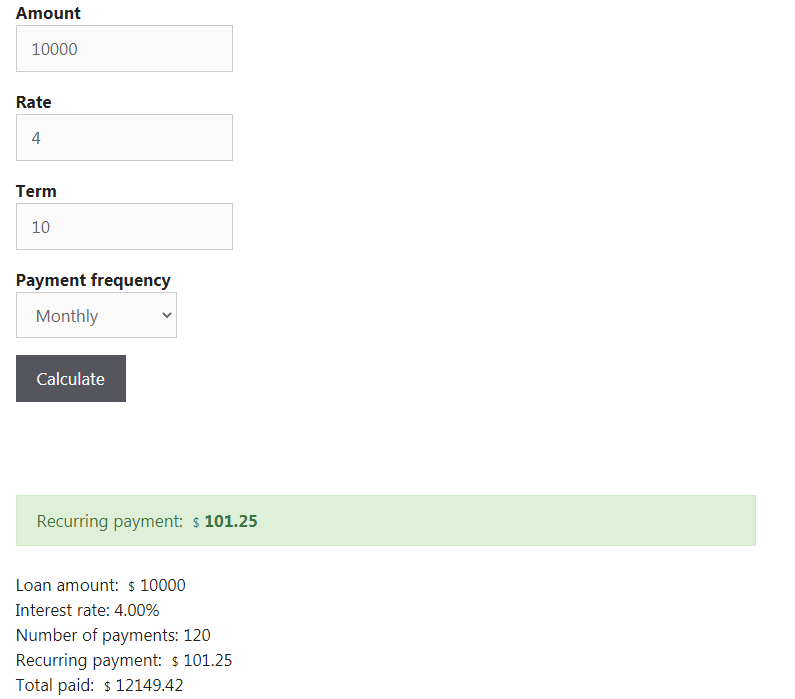 Frontend form with result