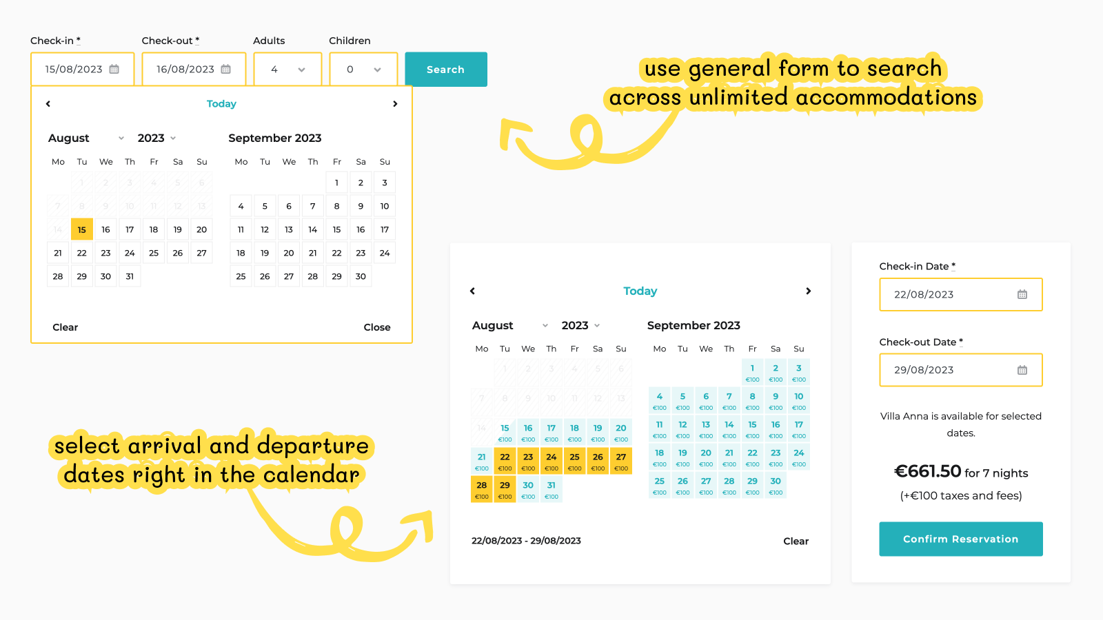 Booking forms and booking calendar.