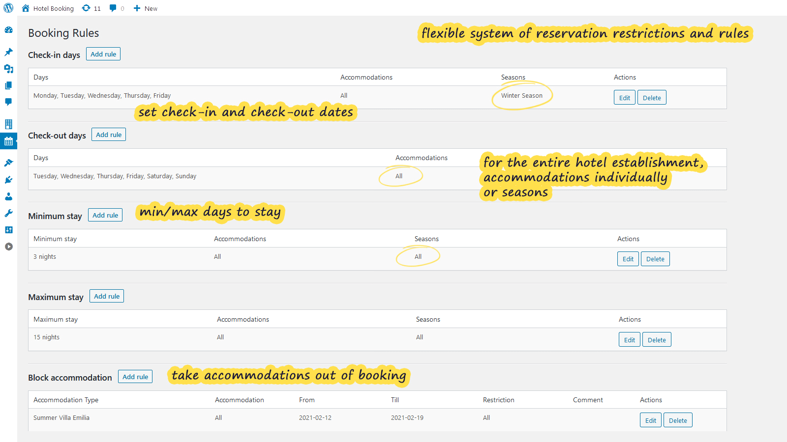 Set min and max arrival/departure rules, take accommodations out of booking.