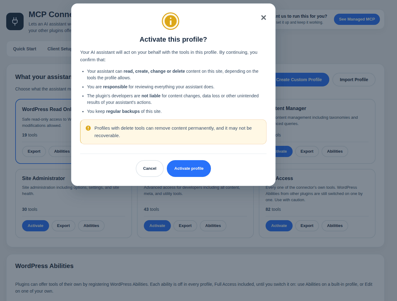 Activating a profile asks you to confirm, then shows progress until the change is saved.