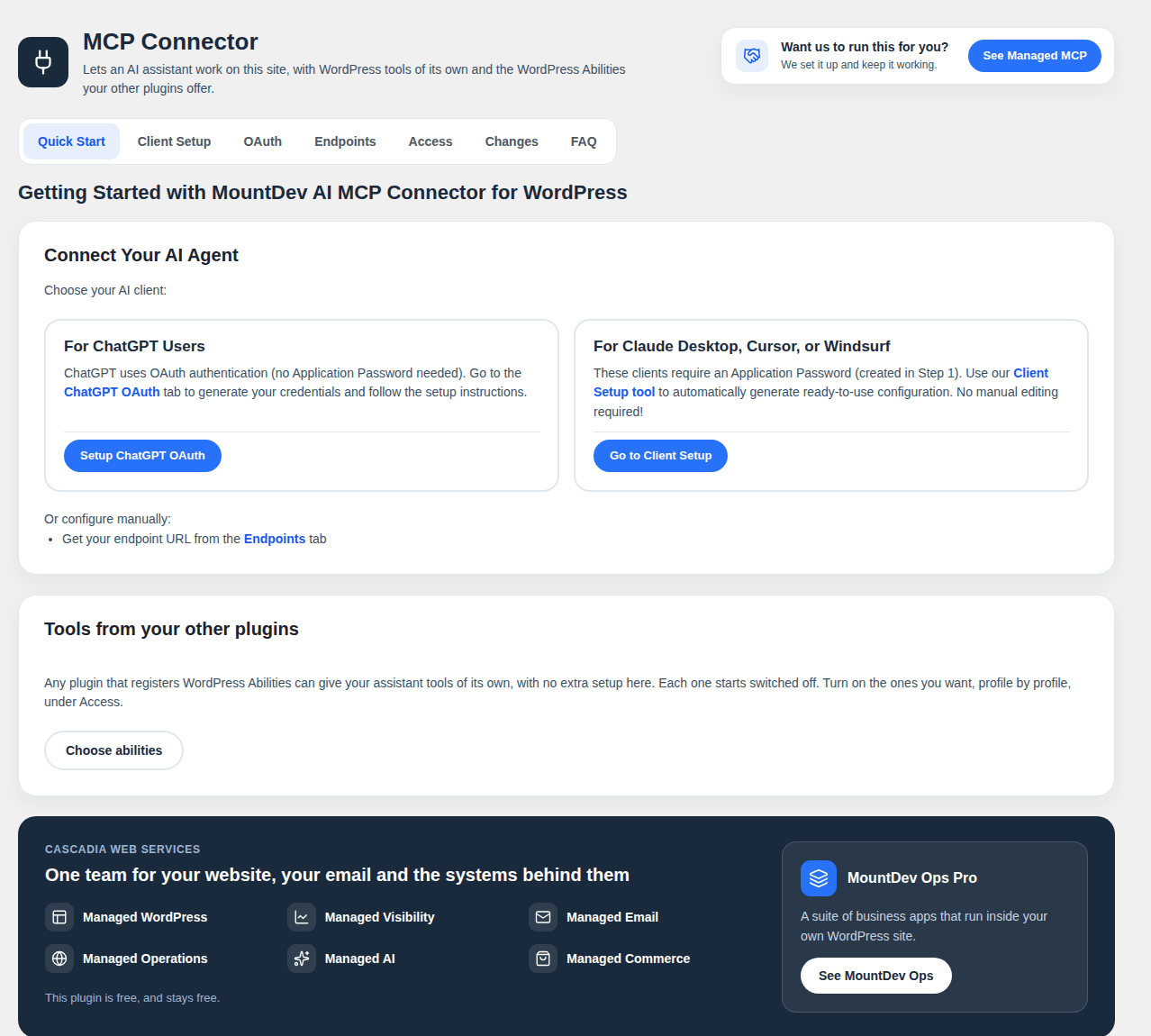 Quick Start: connect ChatGPT, Claude or another assistant.