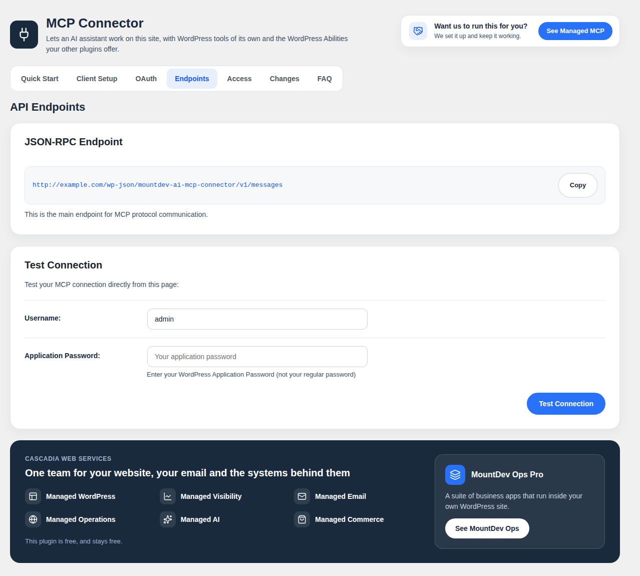 Endpoints: your MCP address, with a connection test.