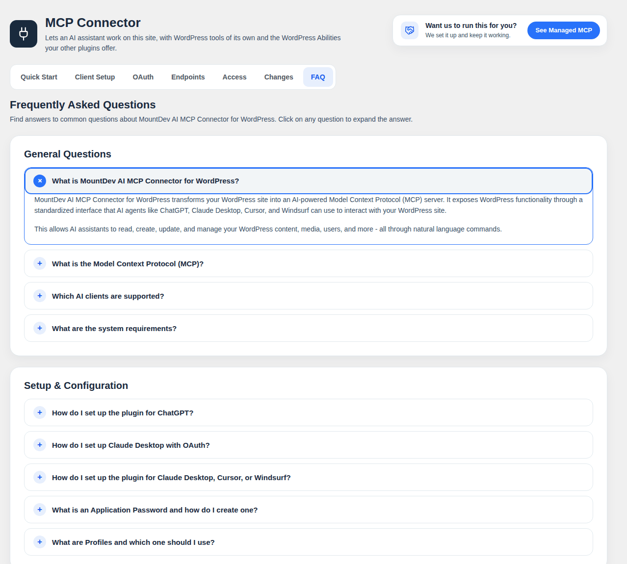 FAQ: answers to common questions, on the settings page itself.