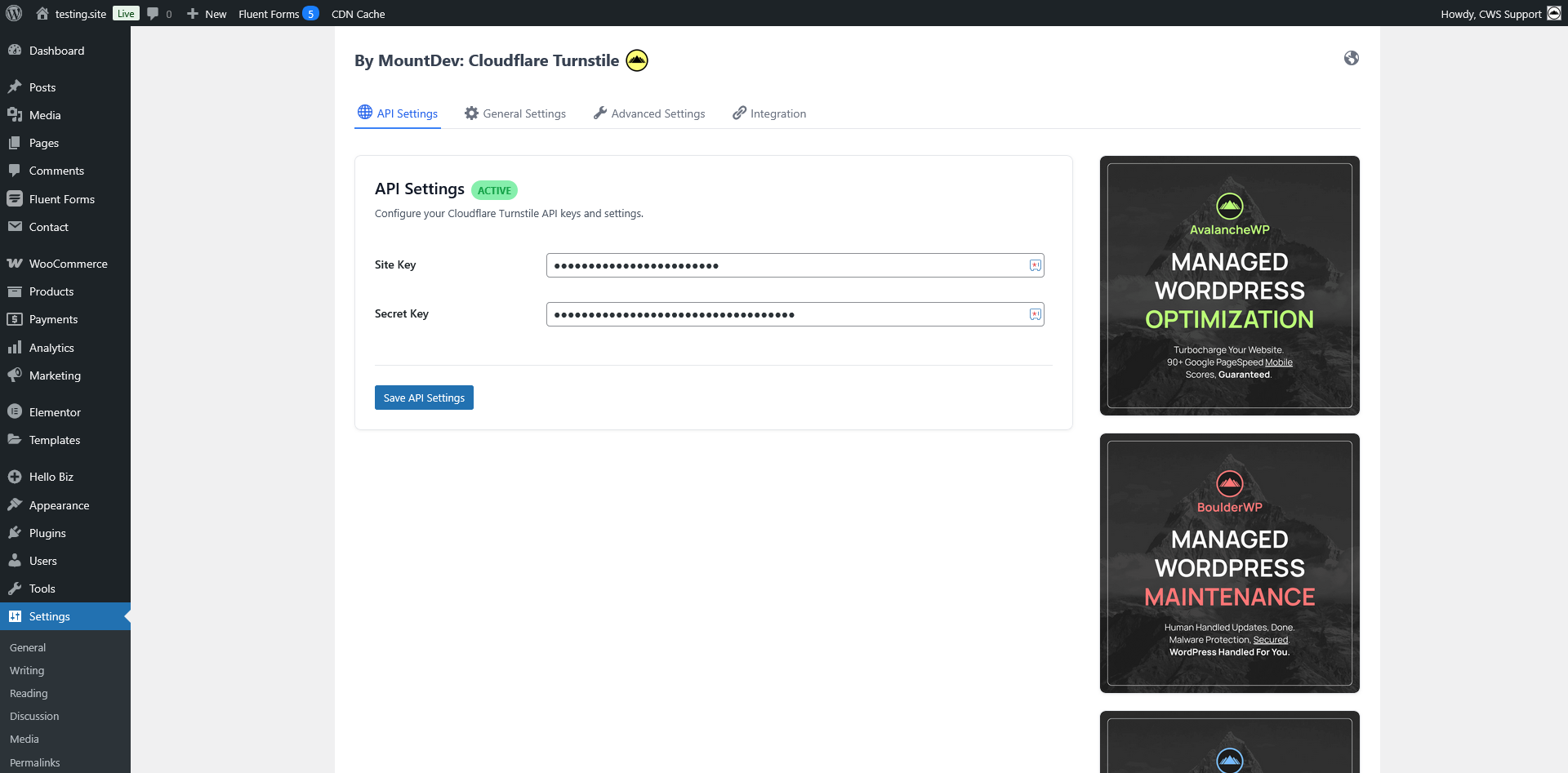 Plugin settings page