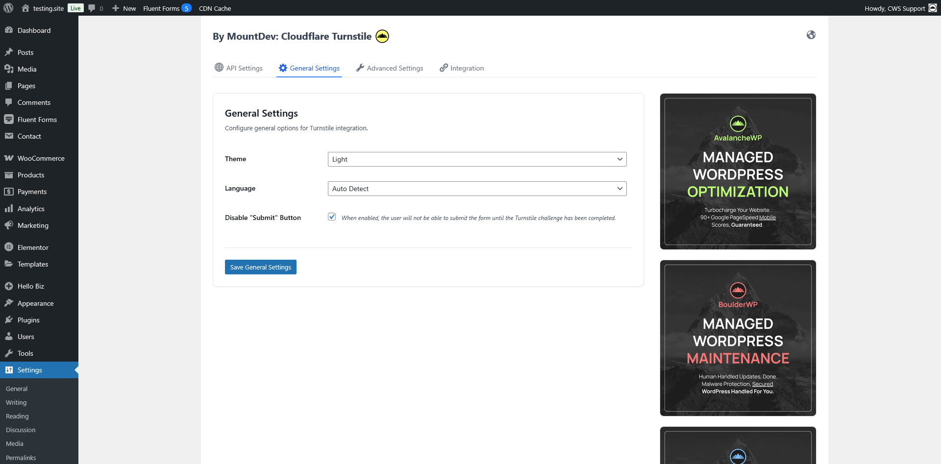 General settings for theme selection, language, and appearance modes