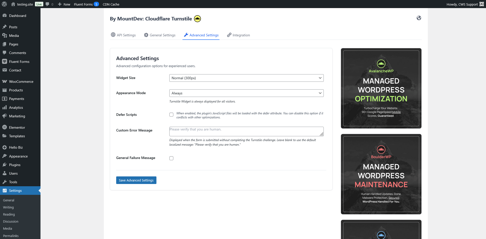 Advanced settings including submit button locking and custom error messages