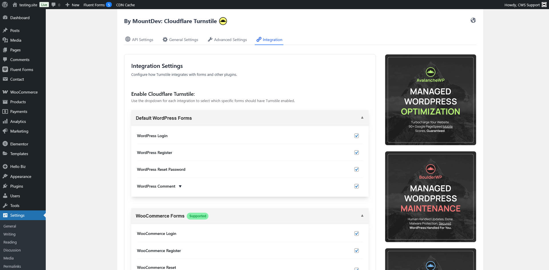 Integration settings showing all supported form types (WordPress, WooCommerce, Contact Form 7, Elementor Pro, Fluent Forms)