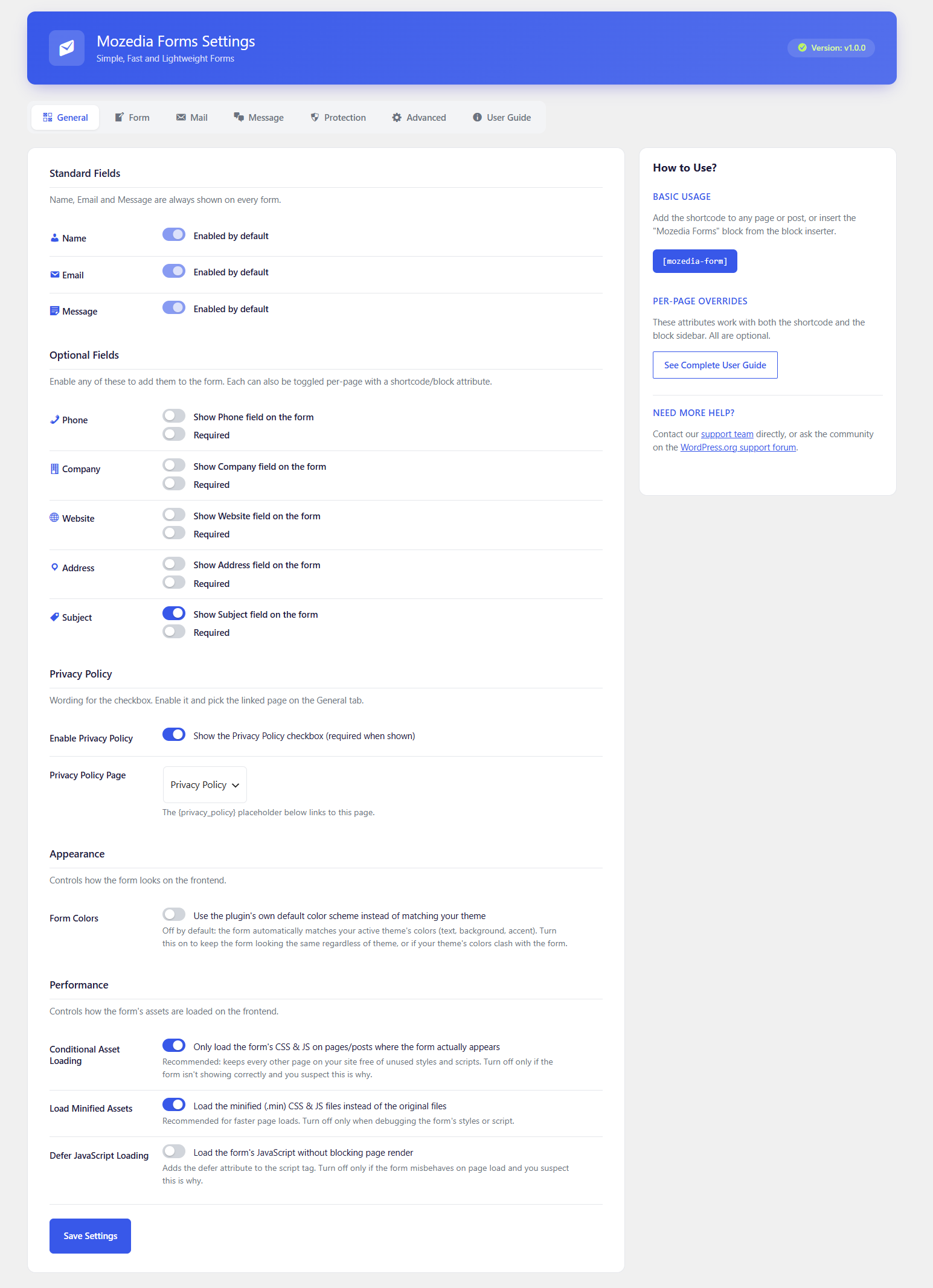 Settings - General tab: standard/optional fields, Privacy Policy, appearance, and performance options.