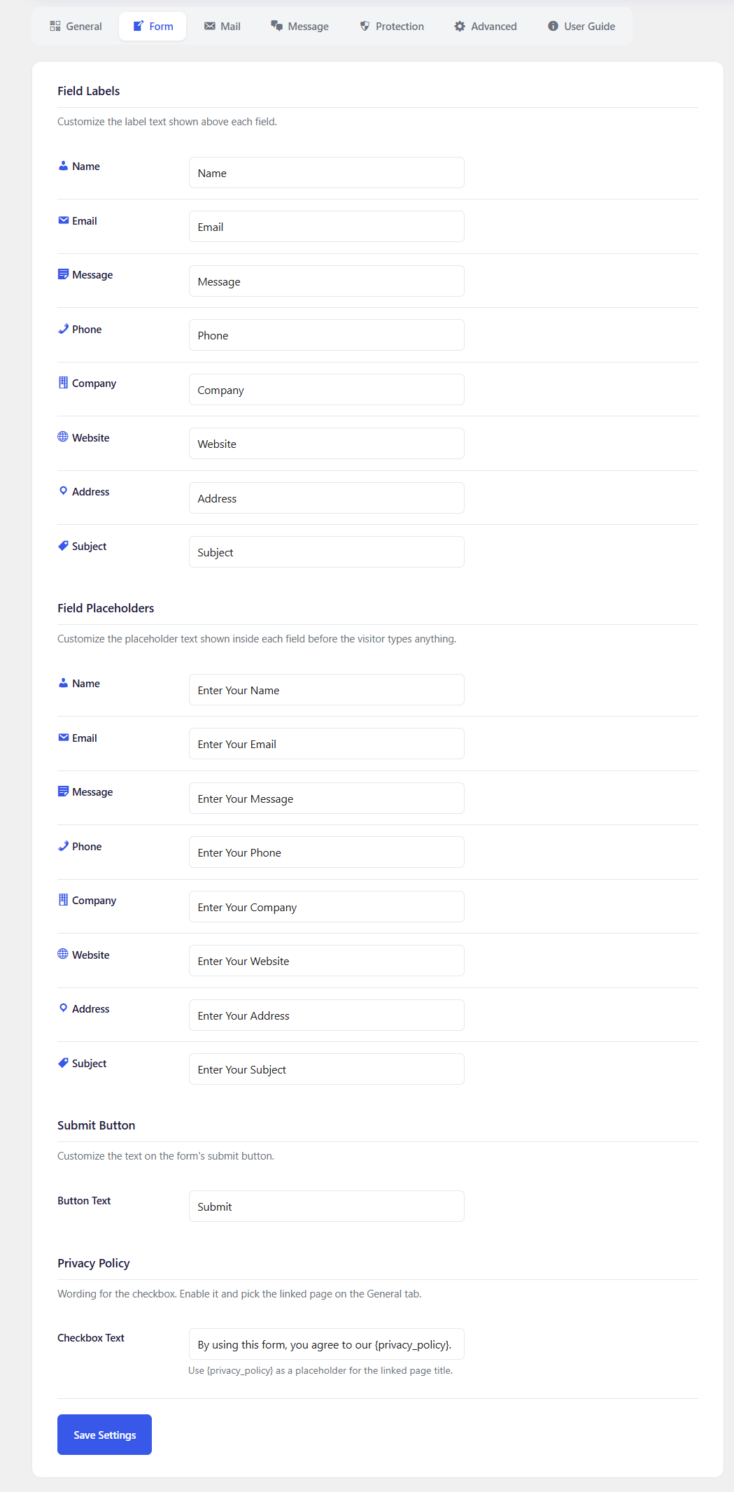 Settings - Form tab: field labels, placeholders, submit button, and Privacy Policy checkbox text.
