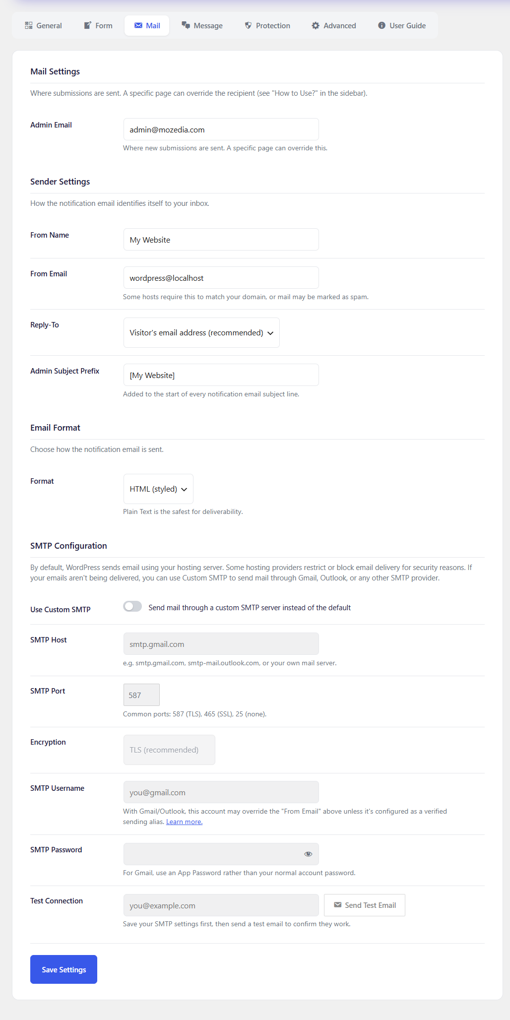 Settings - Mail tab: recipient, sender identity, email format, and SMTP configuration/testing.