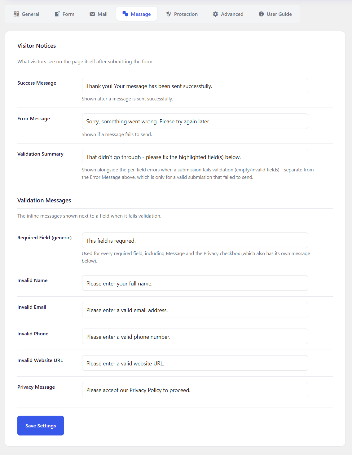 Settings - Message tab: success/error messages, privacy notices, and inline validation messages.