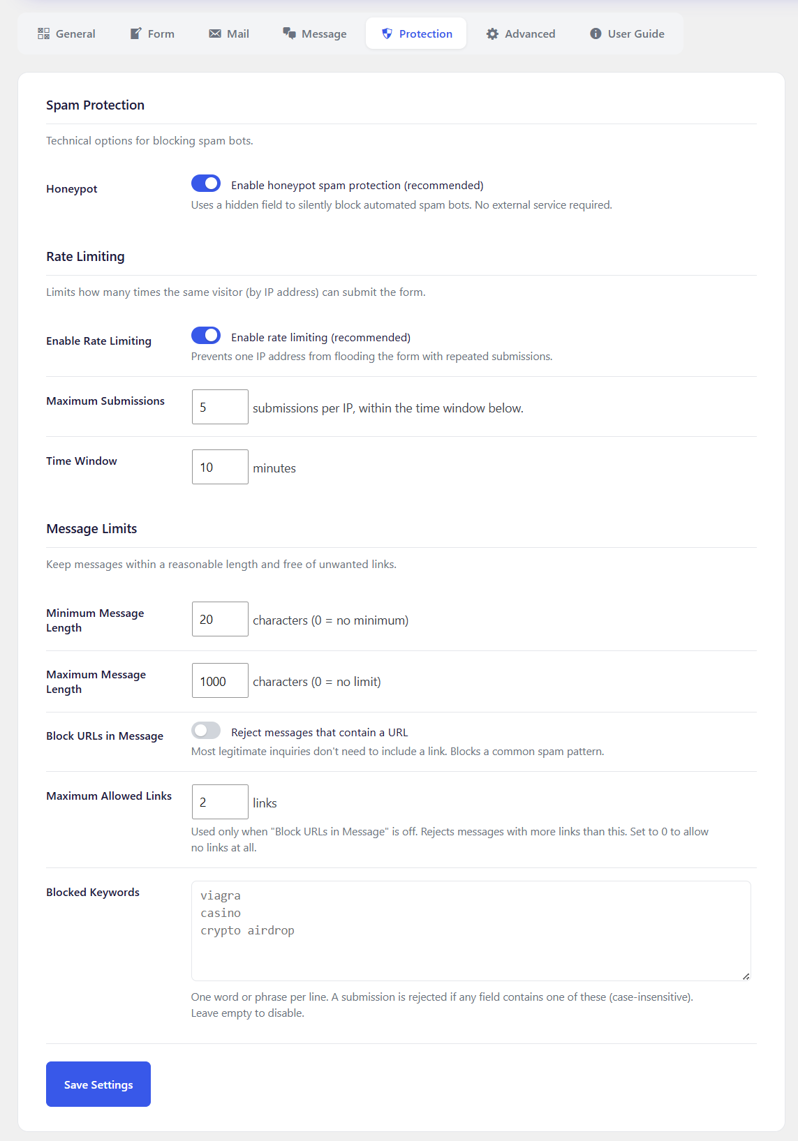 Settings - Protection tab: honeypot, message limits, rate limiting, and blocked keywords.