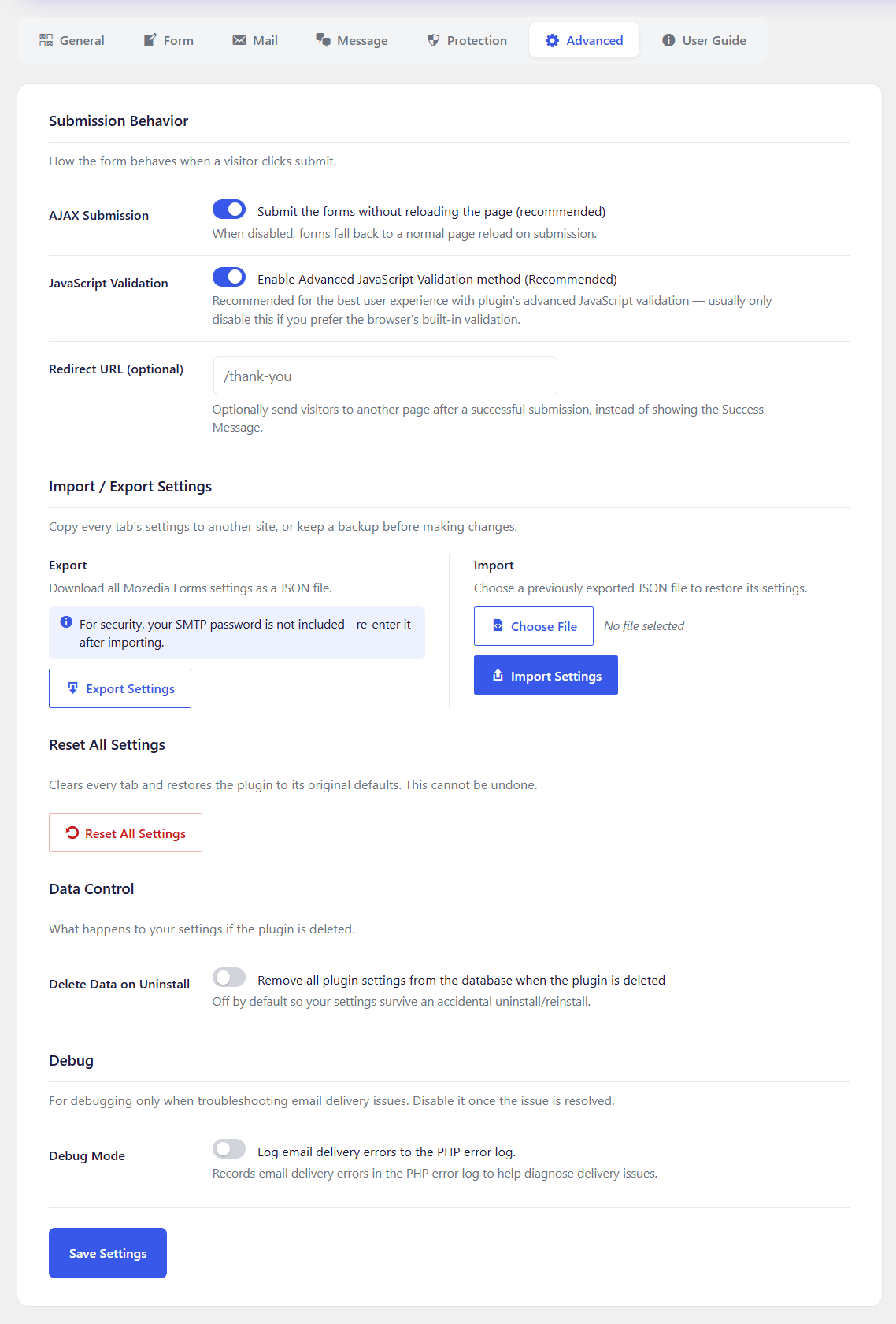 Settings - Advanced tab: submission behavior, import/export, reset, data control, and debug mode.